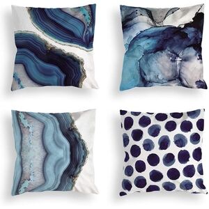 Set of 4 Decorative Throw Pillow Covers,Navy Blue Marble Dots Sea Texture Linen